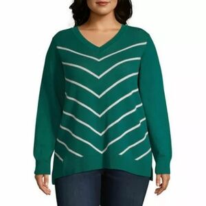 Liz Claiborn 100% cotton green striped v neck sweater.